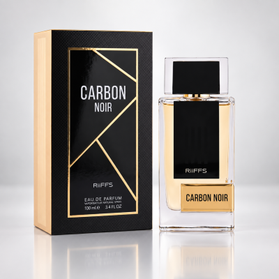 Perfume Carbon Noir da RiiFFS com caixa preta detalhada em dourado