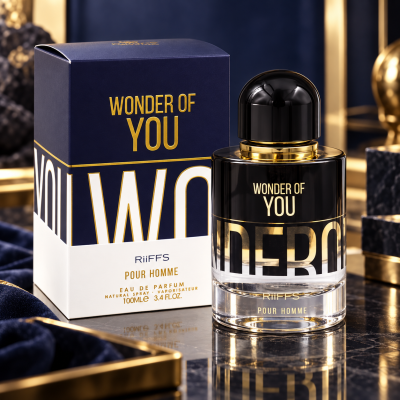 Frasco e caixa de perfume RiiFFS POUR HOMME WONDER OF YOU com detalhes dourados