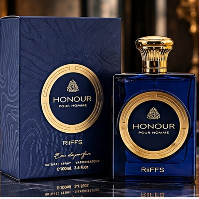 Frasco e caixa de perfume HONOUR POUR HOMME da RIIFFS azul escuro e dourado