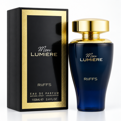 Perfume Mon Lumière RiiFFS azul e dourado com caixa preta e dourada