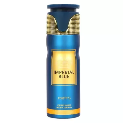 Frasco azul metálico com spray corporal Imperial Blue e detalhes dourados
