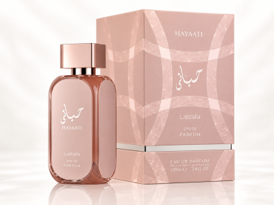 Frasco e embalagem cor de rosa para perfume Lattafa HAYAATI