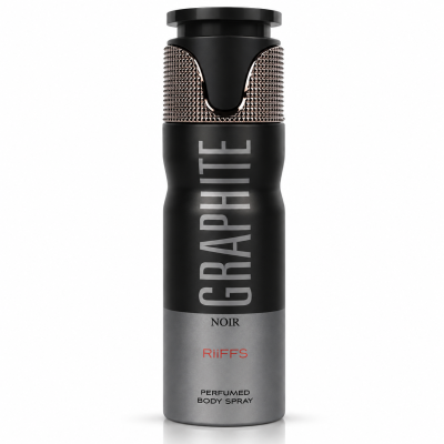Frasco preto e cinza de spray corporal perfumado com texto GRAPHITE NOIR RiiFFS