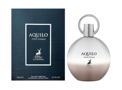Perfume AQUILO POUR HOMME com embalagem azul e frasco prateado