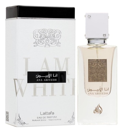 Perfume Lattafa ANA ABIYEDH com frasco transparente e embalagem branca e preta