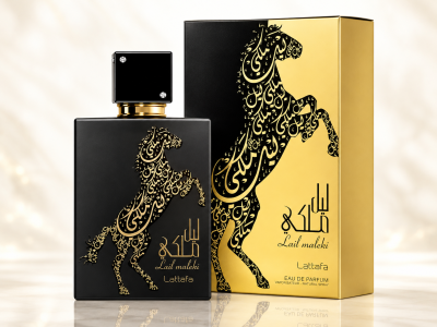 Frasco preto fosco de perfume com desenho dourado de cavalo e caixa dourada com mesma imagem