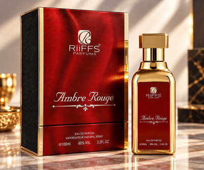 Perfume Ambre Rouge da RiiFFS Parfums com embalagem vermelha e dourada