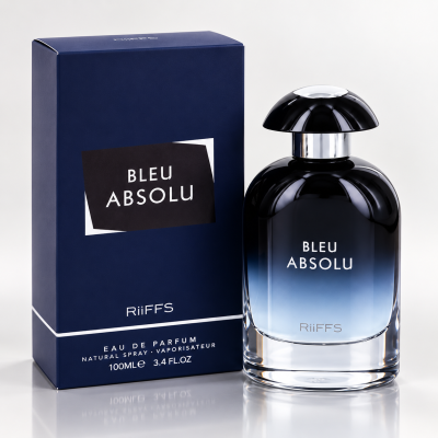 Frasco de perfume Bleu Absolu com caixa azul escura RiiFFS