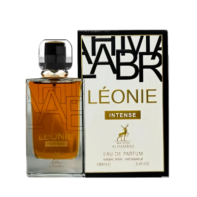 Perfume Léonie Intense com embalagem branca e letras douradas