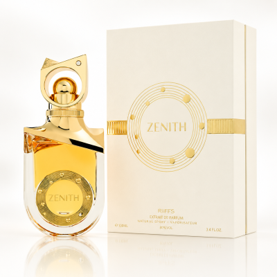 Perfume Zenith com frasco dourado e caixa branca com detalhes dourados