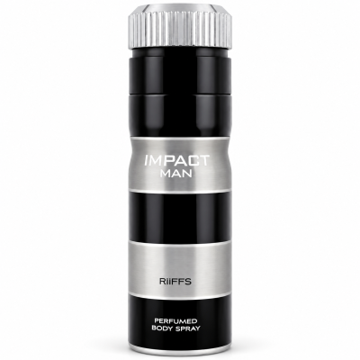 Frasco preto e prateado de spray corporal perfumado Impact Man