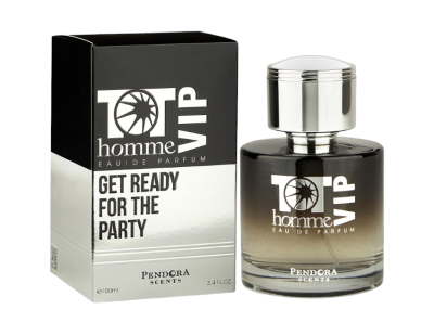 Perfume HOMME VIP da Pandora Scents com caixa preta, cinza e prateada