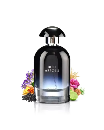 Frasco de perfume bleu absolu com flores e frutas ao fundo