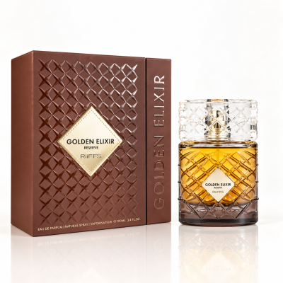 Frasco de perfume Golden Elixir Reserve RiiFFS com caixa castanha texturizada.