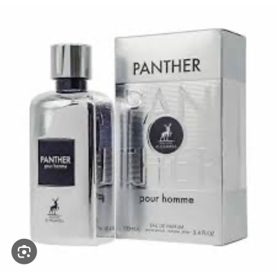 Frasco e caixa do perfume Panther pour homme prateados com texto preto
