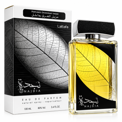 Perfume Najdia em frasco com líquido amarelo, embalagem decorada com folhas e texto