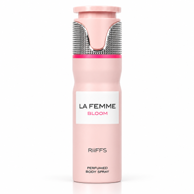 Frasco rosa de spray corporal perfumado com tampa rosa e detalhe prateado texturizado