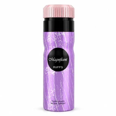 Frasco roxo de spray corporal perfumado com tampa rosa e detalhes em preto