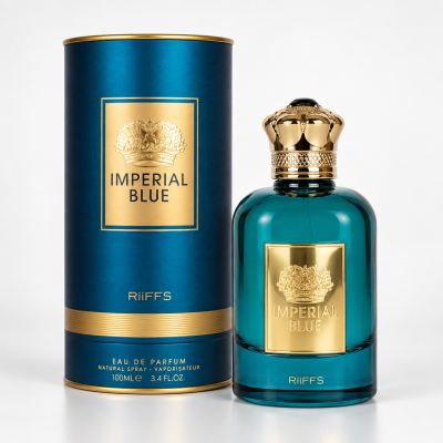 Frasco de perfume Imperial Blue azul com detalhes dourados e embalagem azul cilíndrica