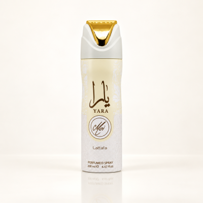 Frasco de spray perfumado YARA Moi Lattafa 200 ml com tampa branca e dourada