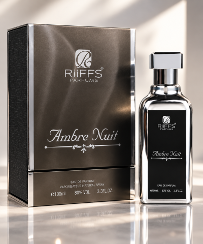 Perfume Ambre Nuit RiiFFS Parfums com frasco prateado e caixa preta