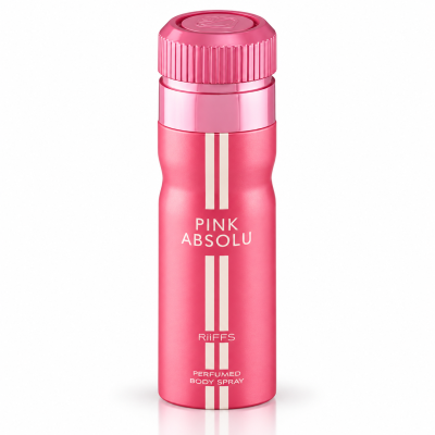 Frasco rosa metálico de desodorizante perfumado com texto branco