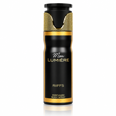 Frasco preto e dourado de spray corporal perfumado com texto Mon LUMIÈRE