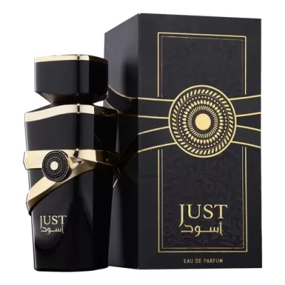 Frasco e caixa de perfume preto e dourado com texto JUST e árabe
