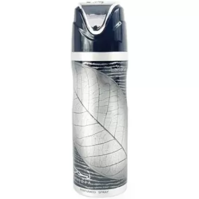 Spray perfumado com imagem de folha branca e tampa preta