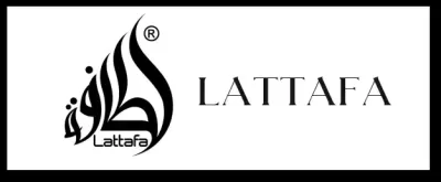 Logotipo da marca Lattafa em preto e branco com texto em árabe e inglês