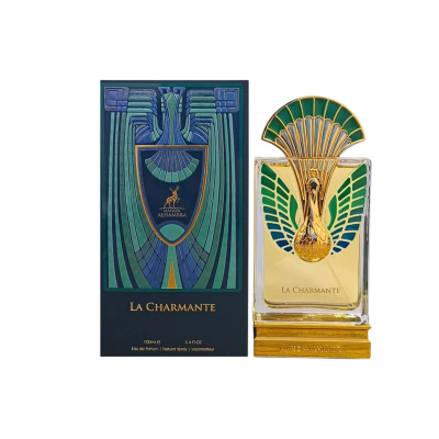 Frasco de perfume La Charmante com caixa em design art déco azul e verde