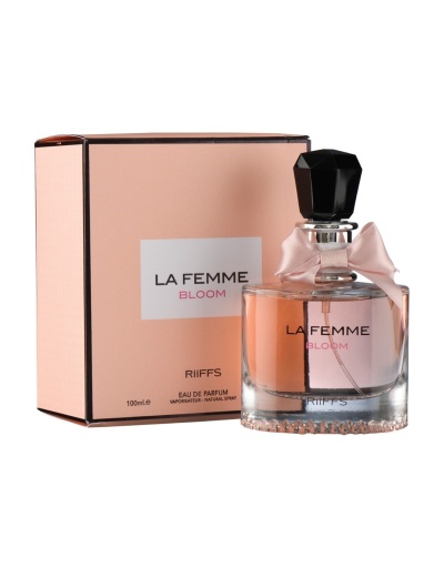 Perfume LA FEMME BLOOM com garrafa de vidro, tampa preta e caixa rosa