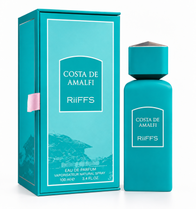 Frasco e caixa turquesa de perfume Costa de Amalfi RiiFFS