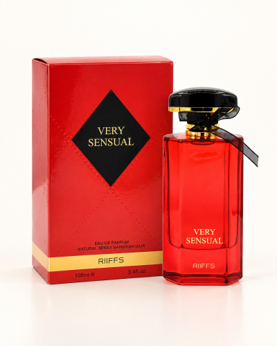 Perfume Very Sensual da marca RIIFFS com embalagem vermelha e detalhes em dourado