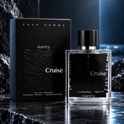 Frasco de perfume masculino RiiFFS Cruise com embalagem preta em fundo escuro.