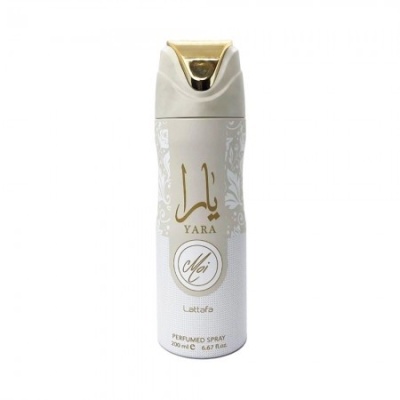 Spray perfumado Yara Moi branco com tampa dourada e texto dourado