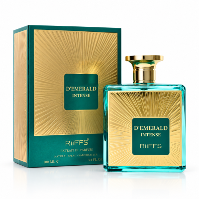 Frasco de perfume DEMERALD INTENSE em azul translúcido com caixa verde e dourada