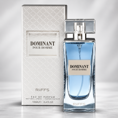 Frasco de perfume e caixa branca com padrão e texto