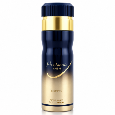 Frasco de spray corporal perfumado azul escuro e dourado para homens
