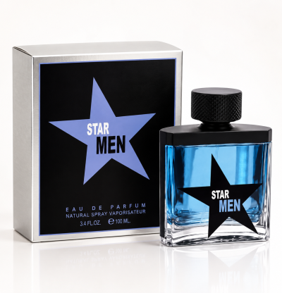 Frasco de perfume azul e embalagem prateada com estrela e texto STAR MEN
