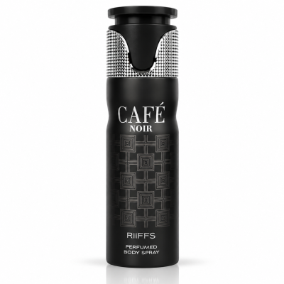 Frasco preto de spray corporal perfumado Café Noir com design geométrico e tampa preta