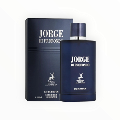 Frasco azul de perfume Jorge Di Profondo com caixa azul escura