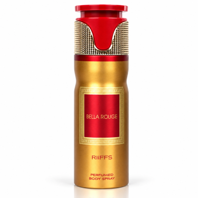 Frasco de spray corporal perfumado dourado e vermelho
