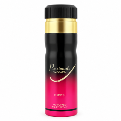Spray corporal perfumado para mulheres com embalagem preta e rosa