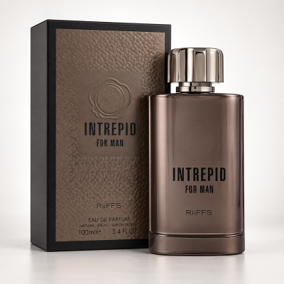 Frasco de perfume masculino Intrepid for Man da marca RiiFFS com caixa castanha e tampa prateada