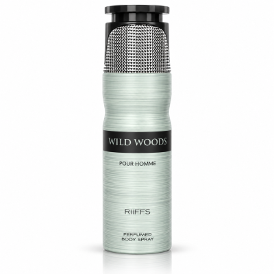 Frasco de spray corporal masculino em prata e preto com etiqueta WILD WOODS