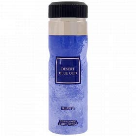 Frasco de desodorizante 'DESERT BLUE OUD' azul e preto, 200 ml