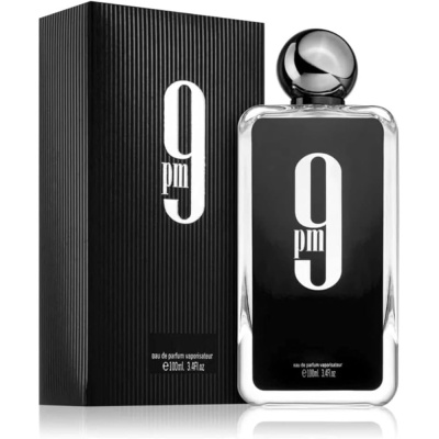 Frasco de perfume preto e embalagem preta riscada com texto 9 pm