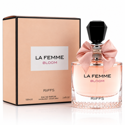 Frasco de perfume La Femme Bloom com laço rosa e caixa cor de salmão