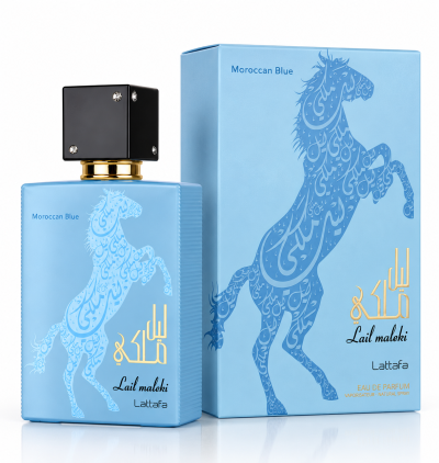 Frasco e caixa de perfume Moroccan Blue Lail maleki Lattafa azul com cavalo arabesco
